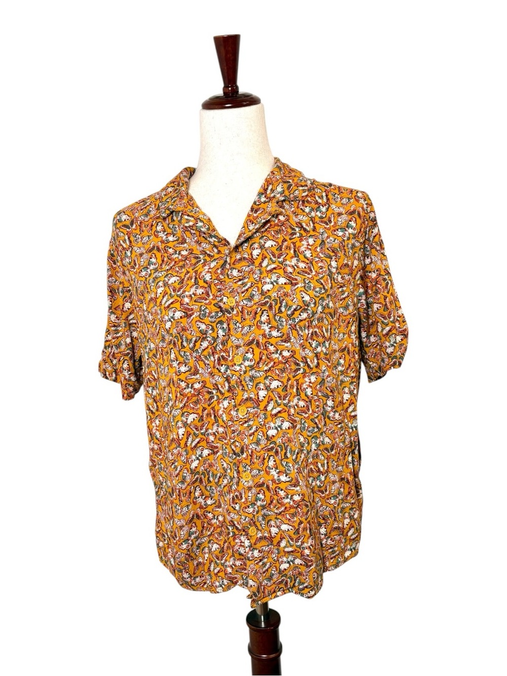 Earthbound Mustard Yellow Butterfly Button Down Blouse Boho Artsy Medium